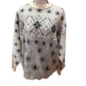 Samband of Iceland Vintage Wool Sweater Grey Black Snowflake Ribbed Trim Men Med